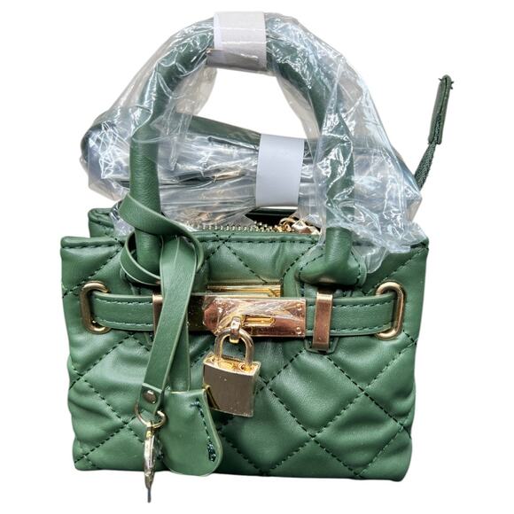 Badgley Mischka Quilted Green Mini Tote Bag with Gold Charm - Picture 1 of 5